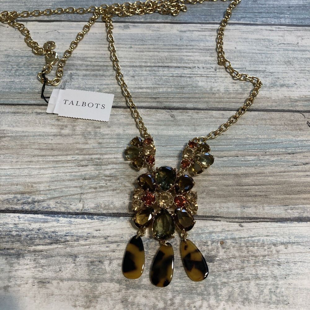 TALBOTS Tortoise Cluster Crystals Necklace NWT 34" Long Gold Tone‎ Chain